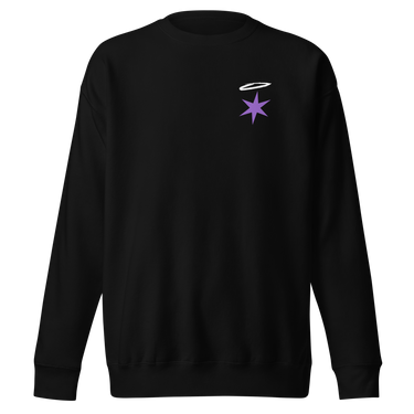 Front view of a sweatshirt in black. A small graphic sits high on the left chest: a loose, hand-drawn halo ring in white tilted above a sharp six-pointed star in soft violet. Both shapes print flat, the ring's brushed edges left rough and unfinished.