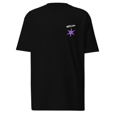 Front view of a t-shirt in black. A small graphic sits high on the left chest: a loose, hand-drawn halo ring in white tilted above a sharp six-pointed star in soft violet. Both shapes print flat, the ring's brushed edges left rough and unfinished.