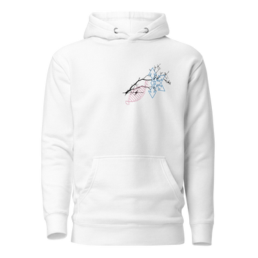Front view of a solid-colored hoodie. A small graphic on the left chest features a high-contrast illustration of a tree branch, from which geometric, snowflake-like shapes and pastry-like shapes are sprouting.
