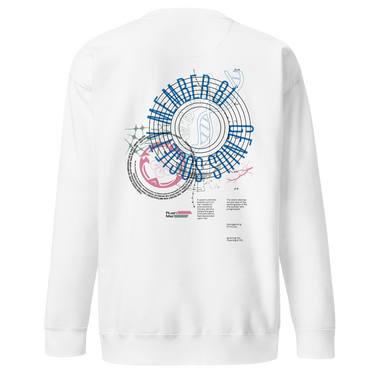 Back view of a solid-colored sweatshirt. A large graphic on the upper back resembles a scientific diagram. It features a DNA double helix inside a circular frame with concentric rings, surrounded by various technical formulas and blocks of text.