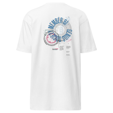 Back view of a solid-colored shirt. A large graphic on the upper back resembles a scientific diagram. It features a DNA double helix inside a circular frame with concentric rings, surrounded by various technical formulas and blocks of text.