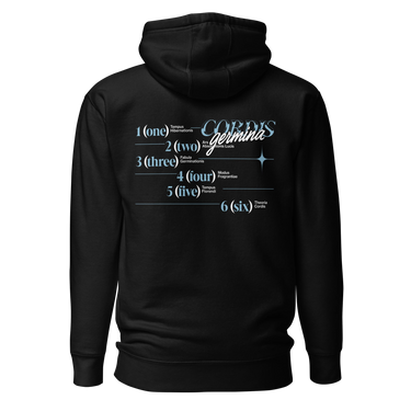 Back view of an hoodie in black. Design is a structured typographic design across the upper back. The composition features a numbered sequence from one to six, each paired with Latin or pseudo-Latin text. The layout is horizontal with thin dividing lines and varied type treatments, creating a grid-like visual system.