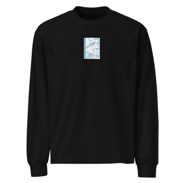 Front view of an longsleeve in black. Design is a bitmapped illustration of Seed from Zenless Zone Zero, in a small centered rectangular graphic on the chest. The graphic is composed of light tones.