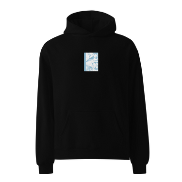 Front view of an oversized hoodie in black. Design is a bitmapped illustration of Seed from Zenless Zone Zero, in a small centered rectangular graphic on the chest. The graphic is composed of light tones.
