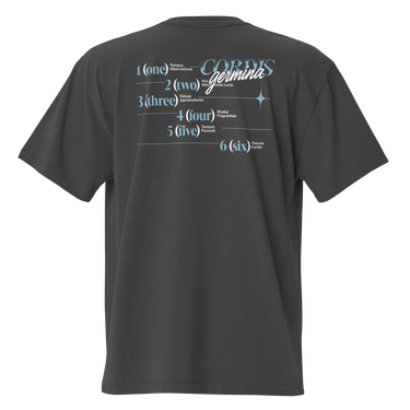 Back view of an oversized tee in black. Design is a structured typographic design across the upper back. The composition features a numbered sequence from one to six, each paired with Latin or pseudo-Latin text. The layout is horizontal with thin dividing lines and varied type treatments, creating a grid-like visual system.