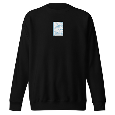 Front view of an sweatshirt in black. Design is a bitmapped illustration of Seed from Zenless Zone Zero, in a small centered rectangular graphic on the chest. The graphic is composed of light tones.