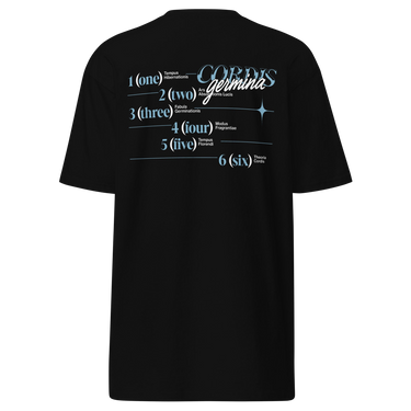 Back view of an t-shirt in black. Design is a structured typographic design across the upper back. The composition features a numbered sequence from one to six, each paired with Latin or pseudo-Latin text. The layout is horizontal with thin dividing lines and varied type treatments, creating a grid-like visual system.