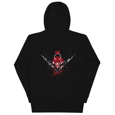 Back view of a solid-colored hoodie. A large, ornate graphic on the upper back features a central circular emblem framed by two scythes and surrounded by numerous high-contrast illustrations of butterflies.