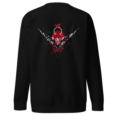 Back view of a solid-colored sweatshirt. A large, ornate graphic on the upper back features a central circular emblem framed by two scythes and surrounded by numerous high-contrast illustrations of butterflies.