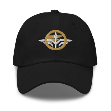 Front view of a baseball cap in Black. A circular emblem is embroidered on the front panel: a plain gold ring, with a white winged spearhead stitched through its centre and swept wings running out to either side. Unstructured six-panel crown, curved brim, adjustable metal buckle.