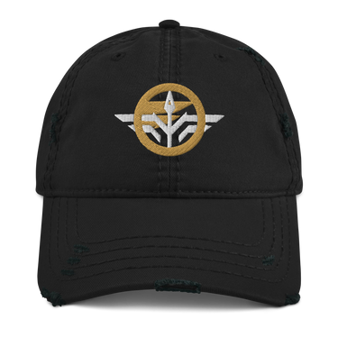 Front view of a distressed hat in Black. A circular emblem is embroidered on the front panel: a plain gold ring, with a white winged spearhead stitched through its centre and swept wings running out to either side. Unstructured six-panel crown, curved brim, hook and loop closure.