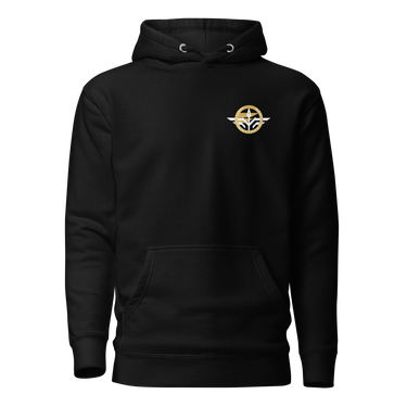 Front view of a hoodie in Black. A small circular emblem sits on the left chest: a gold ring lettered "MIRACULUM IN CAELO NUMQUAM CADET" in white capitals, with a white winged spearhead standing through its centre and swept wings running out to either side.