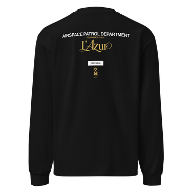 Back view of a longsleeve in Black. A stacked graphic fills the upper back: "AIRSPACE PATROL DEPARTMENT" in heavy white capitals, "GLORIA NOS DUCIT" in smaller gold capitals beneath it, then "L'Azur" in a large gold script with a long trailing flourish. Below sit a small white box lettered "FIRST SPEAR" in black, a weathered gold seal stamp carrying two characters, and "gen 5" in gold.