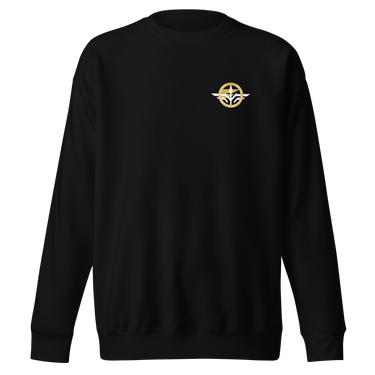 Front view of a sweatshirt in Black. A small circular emblem sits on the left chest: a gold ring lettered "MIRACULUM IN CAELO NUMQUAM CADET" in white capitals, with a white winged spearhead standing through its centre and swept wings running out to either side.