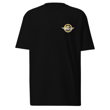 Front view of a t-shirt in Black. A small circular emblem sits on the left chest: a gold ring lettered "MIRACULUM IN CAELO NUMQUAM CADET" in white capitals, with a white winged spearhead standing through its centre and swept wings running out to either side.