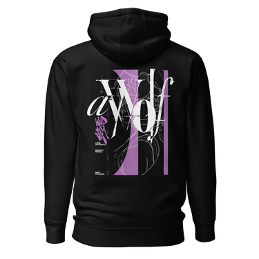 Back view of a Hoodie in Black. Large expressive brush-script lettering reading "aWolf" spans the upper back, layered over a color-blocked stripe panel with fine linework illustration behind it. Beside it, a small graffiti-style character mark for "终焉" (Finality) sits next to vertical HUD-style readout text: "LOGIN SUCCESSFUL," "NO PATCH NOTES >>," and "INPUT FINALIZED..."