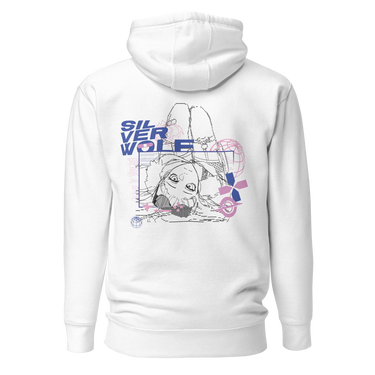 Back view of a solid-colored hoodie. A large graphic on the upper back features an inverted, fine-line illustration of the character Silver Wolf from Honkai: Star Rail. The design is layered with the stacked text "SILVER WOLF" and various abstract technical shapes.