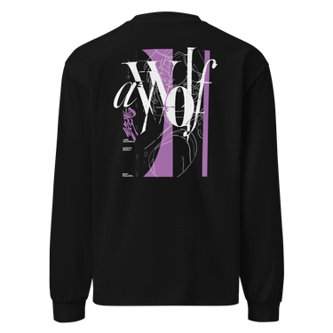 Back view of a Longsleeve in Black. Large expressive brush-script lettering reading "aWolf" spans the upper back, layered over a color-blocked stripe panel with fine linework illustration behind it. Beside it, a small graffiti-style character mark for "终焉" (Finality) sits next to vertical HUD-style readout text: "LOGIN SUCCESSFUL," "NO PATCH NOTES >>," and "INPUT FINALIZED..."