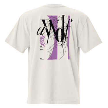 Back view of a Oversized Tee in Faded Bone. Large expressive brush-script lettering reading "aWolf" spans the upper back, layered over a color-blocked stripe panel with fine linework illustration behind it. Beside it, a small graffiti-style character mark for "终焉" (Finality) sits next to vertical HUD-style readout text: "LOGIN SUCCESSFUL," "NO PATCH NOTES >>," and "INPUT FINALIZED..."