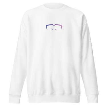 Front view of a solid-colored sweatshirt. A small, minimalist graphic on the chest features a high-contrast line drawing of the top frame of a pair of glasses.