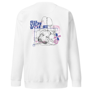 Back view of a solid-colored sweatshirt. A large graphic on the upper back features an inverted, fine-line illustration of the character Silver Wolf from Honkai: Star Rail. The design is layered with the stacked text "SILVER WOLF" and various abstract technical shapes.