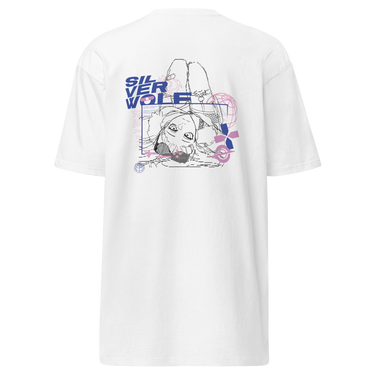 Back view of a solid-colored shirt. A large graphic on the upper back features an inverted, fine-line illustration of the character Silver Wolf from Honkai: Star Rail. The design is layered with the stacked text "SILVER WOLF" and various abstract technical shapes.