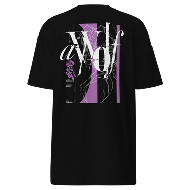 Back view of a T-Shirt in Black. Large expressive brush-script lettering reading "aWolf" spans the upper back, layered over a color-blocked stripe panel with fine linework illustration behind it. Beside it, a small graffiti-style character mark for "终焉" (Finality) sits next to vertical HUD-style readout text: "LOGIN SUCCESSFUL," "NO PATCH NOTES >>," and "INPUT FINALIZED..."