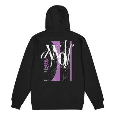 Back view of a Zip Hoodie in Black. Large expressive brush-script lettering reading "aWolf" spans the upper back, layered over a color-blocked stripe panel with fine linework illustration behind it. Beside it, a small graffiti-style character mark for "终焉" (Finality) sits next to vertical HUD-style readout text: "LOGIN SUCCESSFUL," "NO PATCH NOTES >>," and "INPUT FINALIZED..."