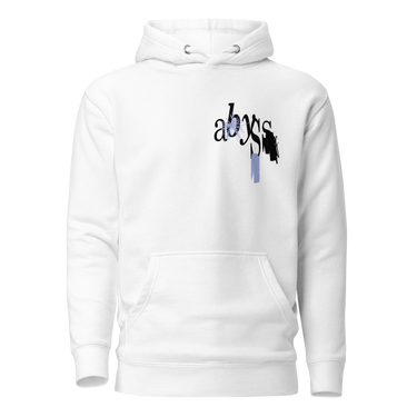 Front view of a hoodie. A small graphic on the left chest features the word "abyss" in a black script font, layered over abstract streaks of periwinkle blue and distorted black shapes.