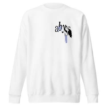 Front view of a sweatshirt. A small graphic on the left chest features the word "abyss" in a black script font, layered over abstract streaks of periwinkle blue and distorted black shapes.