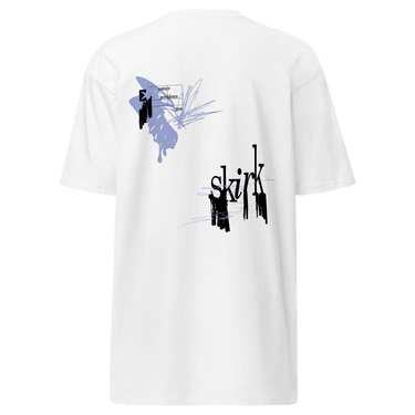 Back view of a shirt. The design consists of two scattered abstract graphics. The upper-left graphic is a periwinkle blue and black abstract shape with sketchy lines. The lower-right graphic is the word "skirk" in a stylized, distorted black font with a glitch effect.