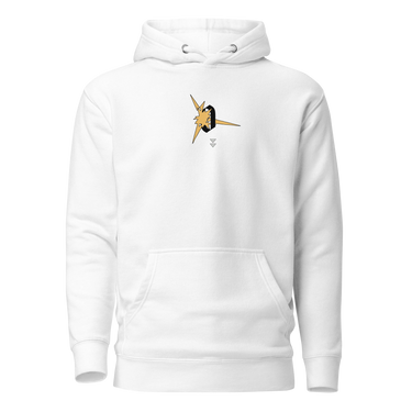 Front view of a solid-colored, hoodie. A small graphic on the left chest features a stylized, high-contrast lightning bolt shape piercing through a thick, character of the number zero.