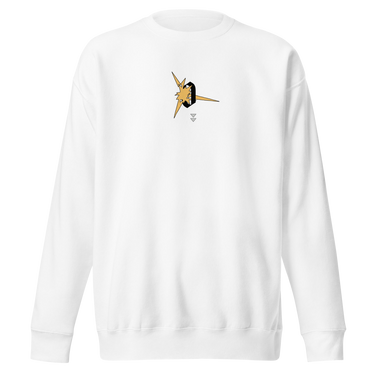 Front view of a solid-colored, sweatshirt. A small graphic on the left chest features a stylized, high-contrast lightning bolt shape piercing through a thick, character of the number zero.