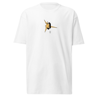 Front view of a solid-colored, shirt. A small graphic on the left chest features a stylized, high-contrast lightning bolt shape piercing through a thick, character of the number zero.