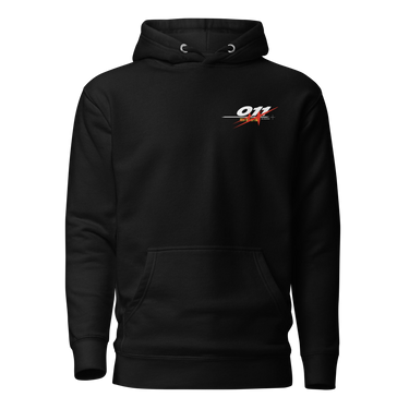 Front view of a solid-colored hoodie. A small, horizontal graphic on the left chest features the number "011" in a stylized font, layered over a starburst shape.
