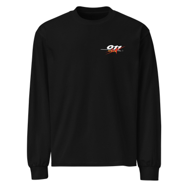 Front view of a solid-colored longsleeve. A small, horizontal graphic on the left chest features the number "011" in a stylized font, layered over a starburst shape.