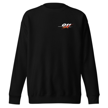 Front view of a solid-colored sweatshirt. A small, horizontal graphic on the left chest features the number "011" in a stylized font, layered over a starburst shape.