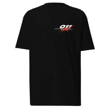 Front view of a solid-colored shirt. A small, horizontal graphic on the left chest features the number "011" in a stylized font, layered over a starburst shape.