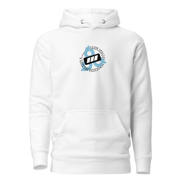 Front view of a solid-colored hoodie. A small, circular emblem is centered on the chest, featuring a tilted battery-like icon surrounded by text reading "HOLLOW SPECIAL OPERATIONS SECTION 6". three stylized circular shapes frame the design.