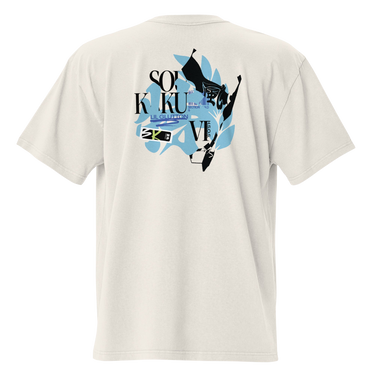 Back view of a solid-colored oversized-tee. A large, dynamic collage graphic is centered on the upper back. It features the stacked text "SOU KAKU" layered with high-contrast silhouettes of two figures in motion and large, leaf-like shapes. Accompanied by a silhouette of Soukaku’s mask.