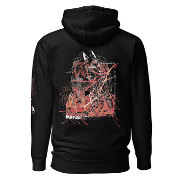 Back view of a solid-colored hoodie. A large, chaotic collage graphic on the upper back features a detailed line illustration of the character Sparkle from Honkai: Star Rail. The design is heavily layered with abstract brush strokes, graffiti-style Japanese text, and other technical elements.