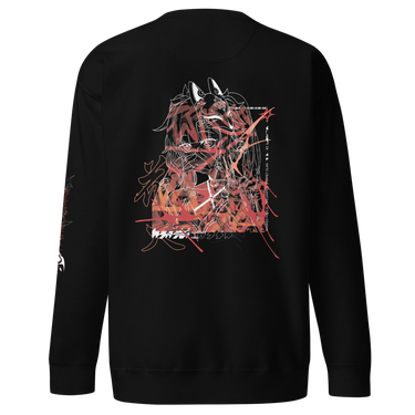 Back view of a solid-colored sweatshirt. A large, chaotic collage graphic on the upper back features a detailed line illustration of the character Sparkle from Honkai: Star Rail. The design is heavily layered with abstract brush strokes, graffiti-style Japanese text, and other technical elements.