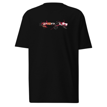 Front view of a solid-colored shirt. A graphic centered on the chest features the letters of the word "SPARKLE" stylized and scattered among abstract shapes, a line drawing of a mask, and small blocks of text.