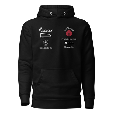 Front view of a hoodie in black. A graphic-forward arrangement of stylized sponsor-style logos fills the upper chest in two columns — featuring marks reading "ENCORE X," "the Tavern," "PUNCHLINE Tuning," "blocked. media management," "lies & palette Co.," "144," and "Engage," alongside a circular flame emblem. White and deep crimson lettering on black, blending streetwear with motorsport aesthetics.