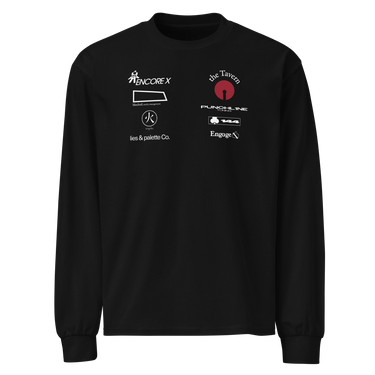 Front view of a longsleeve in black. A graphic-forward arrangement of stylized sponsor-style logos fills the upper chest in two columns — featuring marks reading "ENCORE X," "the Tavern," "PUNCHLINE Tuning," "blocked. media management," "lies & palette Co.," "144," and "Engage," alongside a circular flame emblem. White and deep crimson lettering on black.