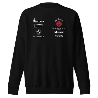 Front view of a sweatshirt in black. A graphic-forward arrangement of stylized sponsor-style logos fills the upper chest in two columns — featuring marks reading "ENCORE X," "the Tavern," "PUNCHLINE Tuning," "blocked. media management," "lies & palette Co.," "144," and "Engage," alongside a circular flame emblem. White and deep crimson on black.