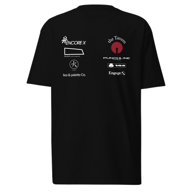Front view of a tee in black. A graphic-forward arrangement of stylized sponsor-style logos fills the upper chest in two columns — featuring marks reading "ENCORE X," "the Tavern," "PUNCHLINE Tuning," "blocked. media management," "lies & palette Co.," "144," and "Engage," alongside a circular flame emblem. White and deep crimson lettering on black, blending streetwear with motorsport aesthetics.