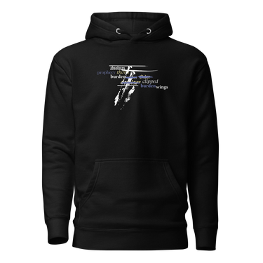 Front view of a solid-colored, hoodie. The chest features a collage graphic with a textured, high-contrast vertical shape at its center. This is layered with multiple words in various fonts, such as "absolutes" and "burden," which are crossed by thin horizontal lines.
