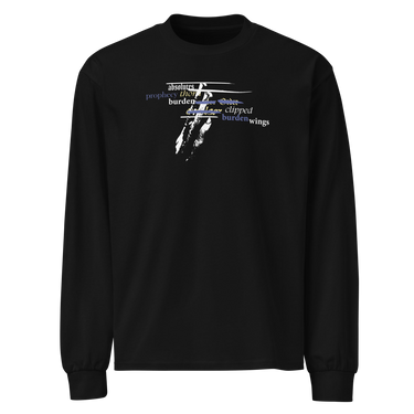 Front view of a solid-colored, longsleeve. The chest features a collage graphic with a textured, high-contrast vertical shape at its center. This is layered with multiple words in various fonts, such as "absolutes" and "burden," which are crossed by thin horizontal lines.
