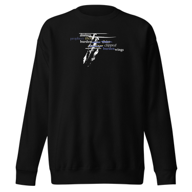 Front view of a solid-colored, sweatshirt. The chest features a collage graphic with a textured, high-contrast vertical shape at its center. This is layered with multiple words in various fonts, such as "absolutes" and "burden," which are crossed by thin horizontal lines.